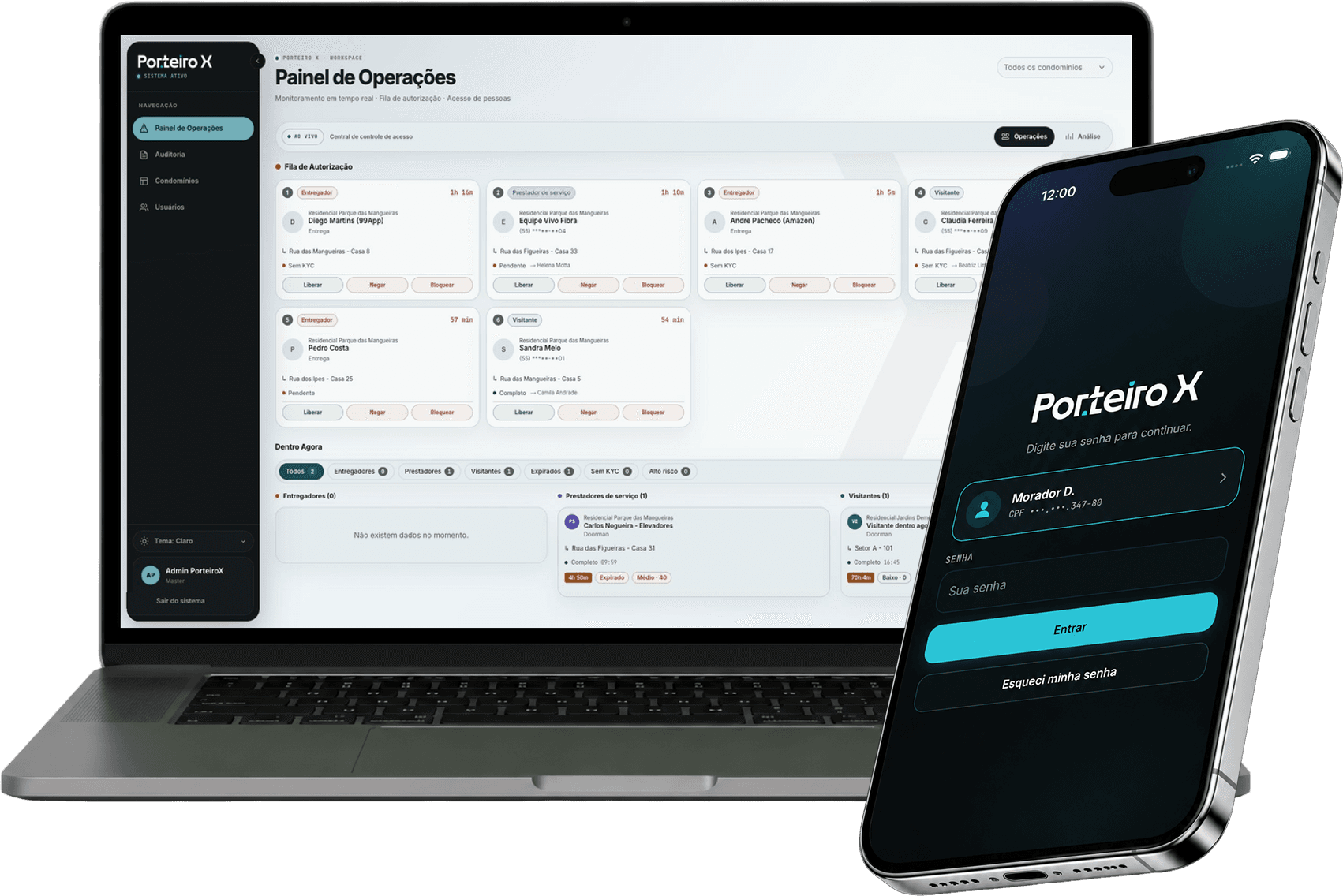 Painel de operações e aplicativo do Porteiro X exibidos em notebook e celular