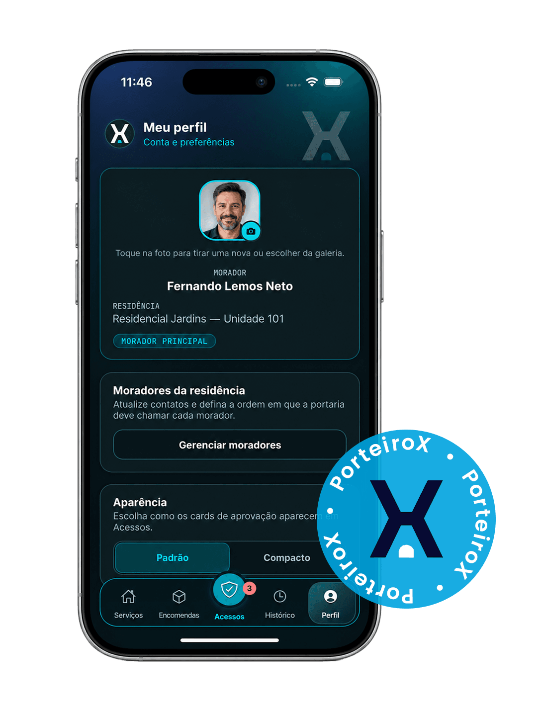 Aplicativo do Porteiro X em um smartphone, exibindo o perfil do morador Fernando Lemos Neto, os dados da residência e as opções de gerenciamento