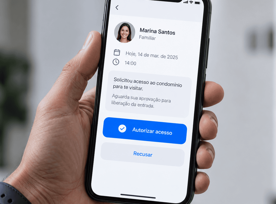 Mão segurando o celular com a solicitação de acesso aguardando aprovação no aplicativo