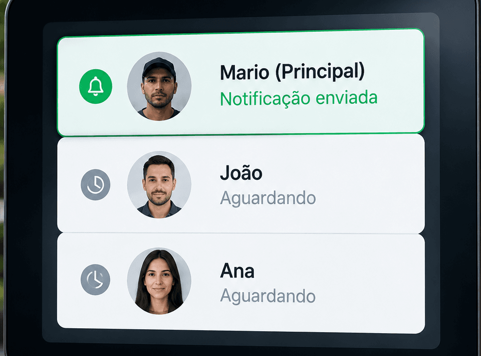 Totem da portaria com a fila de moradores notificados, o principal em destaque